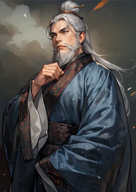 (((Maintain color ))), ((( picture style maintenance ))), (( Koei Three Kingdoms illustration style)), ((Maintain the composition)),  Attractive Man , black eyes, (( white hair)), ((Gray hair)), (old man), (( rich beard)),