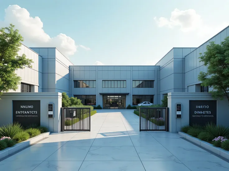 Front renderings、、Modern factory、Industrial Park Gate 、 Vehicle entrance、Industrial doors、Road gates、Booth、Corporate office building、exterior wall tiles