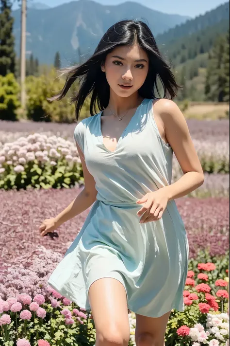 (masterpiece, best quality:1.2, 8k RAW photo, girl, solo, natural soft lighting), running in flower field, mountains background, looking at camera, the wind is flowing her hair