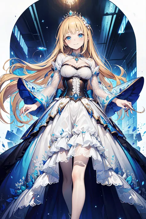  teen girl，Obsessed，Divine happiness，in love，( and white princess dress :1.2)，blond， blue eyes，Maximalism，Multi-layered exquisite frills ，大量Lace，Exquisite accessories，Exquisite pattern，Exquisite clothing， Princess Crown ， It features transparent clothing，F...