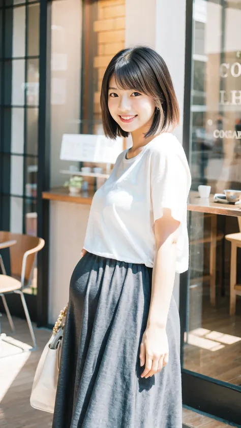 masterpiece, Best Quality, 8K,looking at the viewer,Japanese Lady,20 years old, huge pregnant, Voluptuous, coffee shop background, plain peplum shirt, midi skirt, short bob hair, smile, standing 