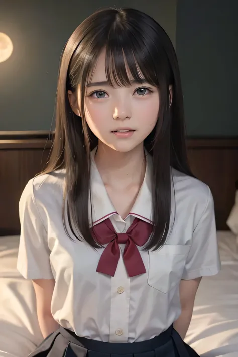 (masterpiece, Best Quality, 8K,Raw photo, High resolution:1.5), (1 girl, upper body, kneeling on the floor, Restrained girl, a girl is crying, arms behind back:1.6), (crying, sobbing, tearing, tearful, full-face blush, embarrassed, shyness), (dark backgrou...
