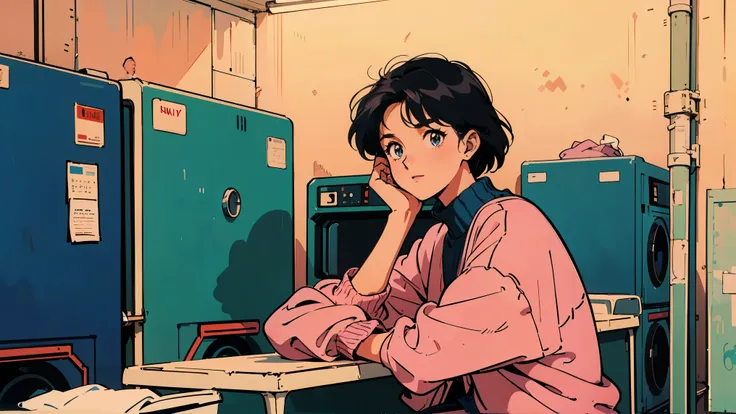 Top quality, 8K, 1980s retro city pop style, warm neon lighting, a cozy coin laundry with vintage washing machines, a young woman sitting at the counter wearing a casual oversized sweater, soft grainy film texture, nostalgic Japanese urban night, warm yell...