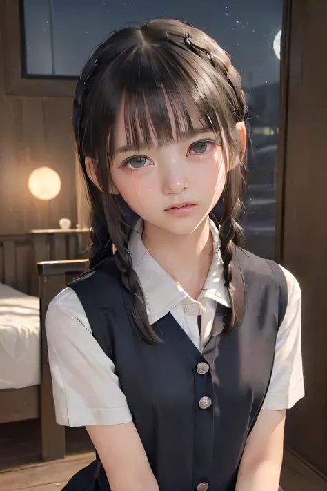 (masterpiece, Best Quality, 8K,Raw photo, High resolution:1.5), (1 girl, upper body, kneeling on the floor, Restrained girl, a girl is crying, arms behind back:1.6), (crying, sobbing, tearing, tearful, full-face blush, embarrassed, shyness), (dark backgrou...