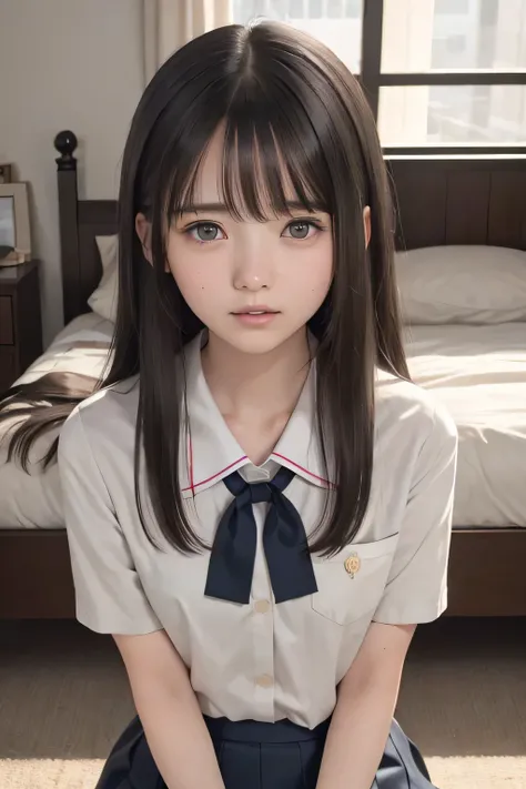 (masterpiece, Best Quality, 8K,Raw photo, High resolution:1.5), (1 girl, upper body, kneeling on the floor, Restrained girl, a girl is crying, arms behind back:1.6), (crying, sobbing, tearing, tearful, full-face blush, embarrassed, shyness), (dark backgrou...