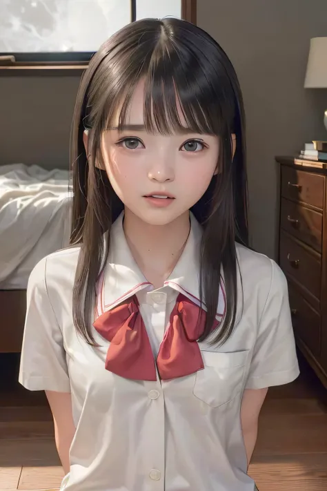 (masterpiece, Best Quality, 8K,Raw photo, High resolution:1.5), (1 girl, upper body, kneeling on the floor, Restrained girl, arms behind back:1.6), (crying, sobbing, tearing, tearful, full-face blush, embarrassed, shyness:1.2), (dark background, night, ind...