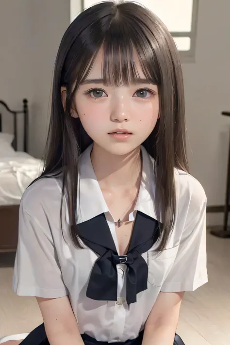 (masterpiece, Best Quality, 8K,Raw photo, High resolution:1.5), (1 girl, upper body, kneeling on the floor, Restrained girl, arms behind back:1.6), (crying, sobbing, tearing, tearful, full-face blush, embarrassed, shyness:1.2), (dark background, night, ind...