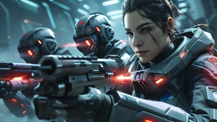 a close up of a person holding a gun in a futuristic setting, by Lisa Nankivil, depicted as a scifi scene, fps shooter game, epic sci - fi character art, epic sci-fi character art, cgsociety 4 k uhd, cgsociety 4 k, cgsociety 4k, ultra detailed game art, ho...