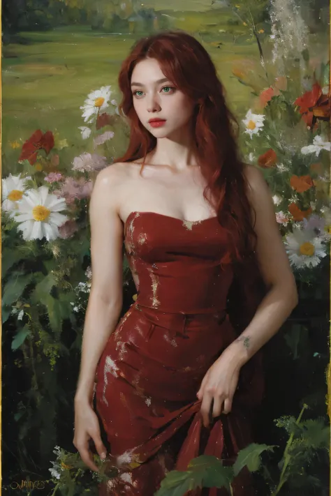 (oil painting:1.5),
\\
a woman with (red long curtly hair ), ((green eyes)) ain a field of  flowers, (amy sol:0.248), nude , with red dress,  (stanley artgerm lau:0.106), (a detailed painting:0.353), (gothic art:0.106)