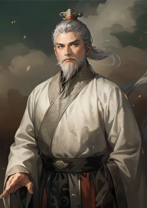 (((Maintain color ))), ((( picture style maintenance ))), (( Koei Three Kingdoms illustration style)), ((Maintain the composition)), Attractive Man , black eyes, (( white hair)), ((Gray hair)), (old man), (( rich beard)),
