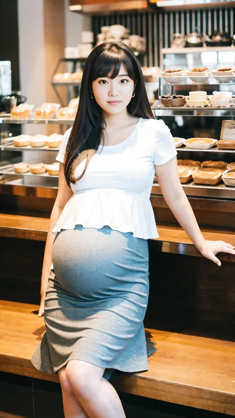 masterpiece, Best Quality, 8K,looking at the viewer,Japanese Lady,20 years old, huge pregnant, Voluptuous, coffee shop background, plain peplum shirt, midi skirt, long hair with fringe, sitting 