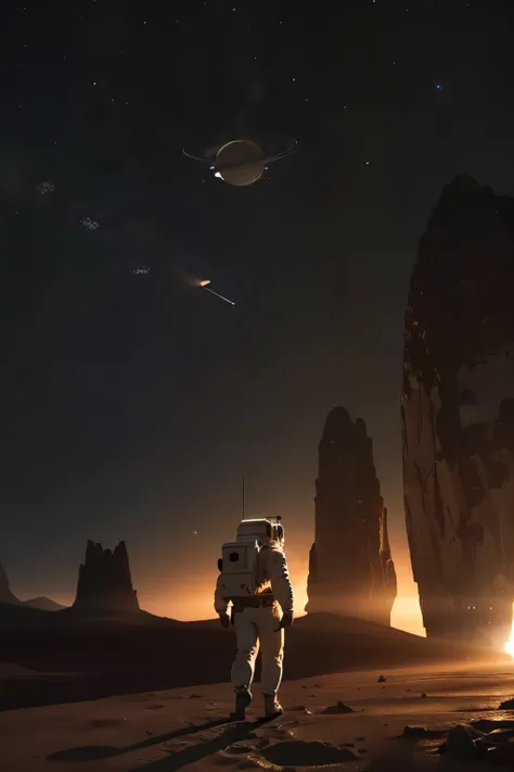 a space module landing on the surface of a planet, 8k highly detailed, photorealistic, cinematic lighting, dramatic, epic scale, realistic space shuttle, moon rover, astronaut walking on the moon, American flag, craters, rocky terrain, planets or moons vis...