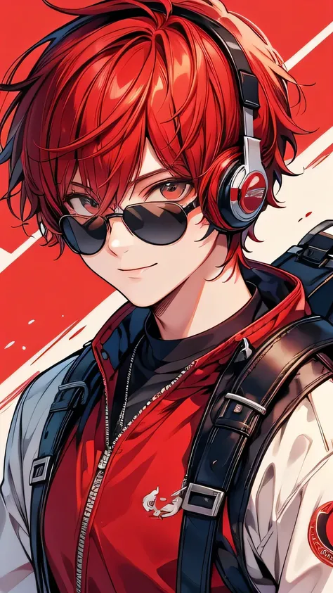  top quality. details. front.smile, sunglasses,((One beautiful man)), ride on the Pegasus, dynamic composition,upper body. red hair , headset,