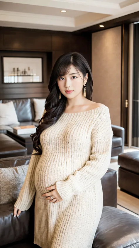 masterpiece, Best Quality, 8K,looking at the viewer,Japanese Lady,20 years old, huge pregnant, Voluptuous, luxury living room background, sweater wrap dress, shoulder length hair with fringe, standing 