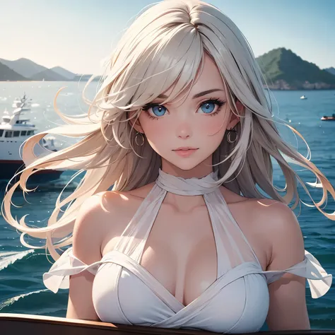 beautiful woman's face in stunning white dress on boat in ocean