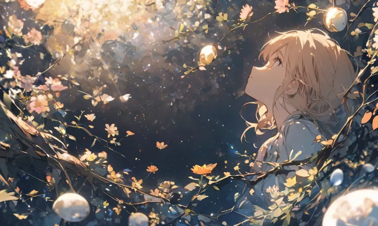 An emotional scene 、A girl looks up sadly at the starry sky、spring、whole body