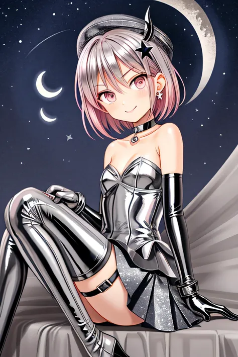 The breast size is smallest and flat like a boy.

metallic silver latex idol costume with a silver moon motif, ((gray military beret) with crescent moon shaped accessories), gray beret, luxe shiny metallic silver latex dress, one-piece dress made of silver...