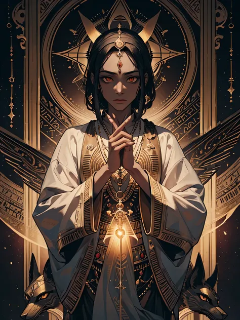 Tarot Card: The High Priest (Hierophant) – Anubis, Keeper of Mysteries A majestic Anubis, the ancient Egyptian god of the afterlife, stands in the center of the card, embodying the wisdom and authority of The High Priest (Hierophant). His form is a fusion ...