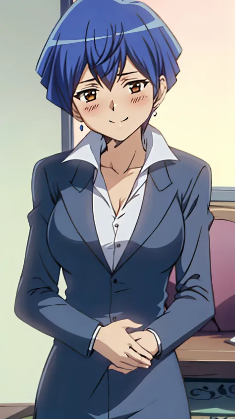 （ Super Quality , super high resolution,16k,super masterpiece,Ultra HD , detailed shading and background,）Sexy lady,blue short bob hair,in a suit, Sexy White Shirts, Chest Valley,blush,smile, Living room where the sun shines ,