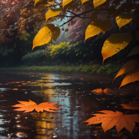 Picture of leaves and raindrops, Romantic landscape style, canon eos 5d mark iv, Sunny impressionism, Traditional Vietnamese, sparkling water reflections, high-quality photo, Stock Photo - AR 2:3 --v 5