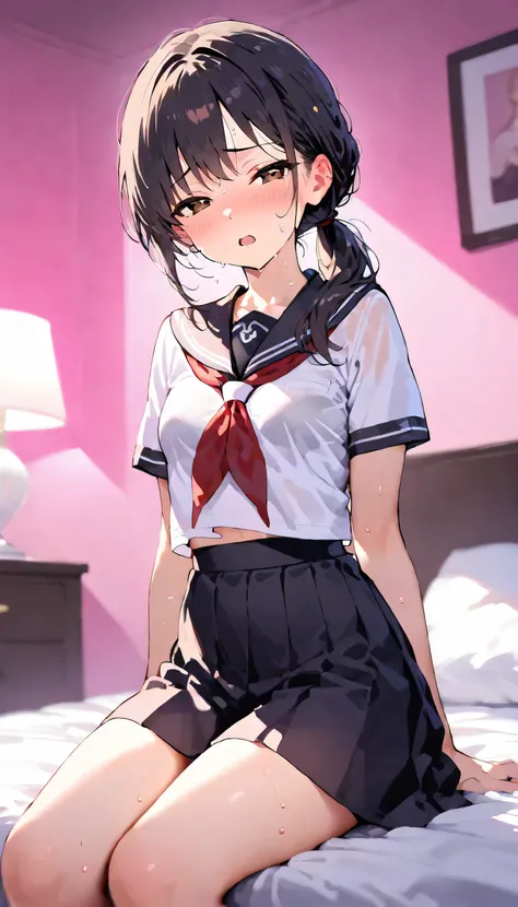  （Best Quality), a girl, (lovely), ((masterpiece)), (ultra-detailed), ((kawaii)), high school students, a girl , solo, (lovely), (sexy), (beautiful detailed black sailor school uniform), black Hair, comb over hair, low ponytail hairstyle, {Narrowed eyes, c...