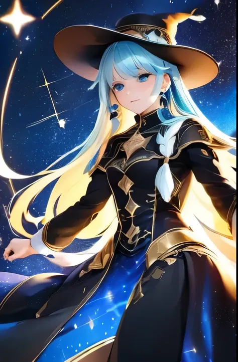 best quality，masterpiece，16k，1girl,aurora,blue eyes,blue hair,constellation,constellation print,diffraction spikes,dress,earrings,earth \(planet\),fireworks,galaxy,glint,hat,jewelry,light particles,light rays,light trail,long hair,Energy circle,Magic Forma...