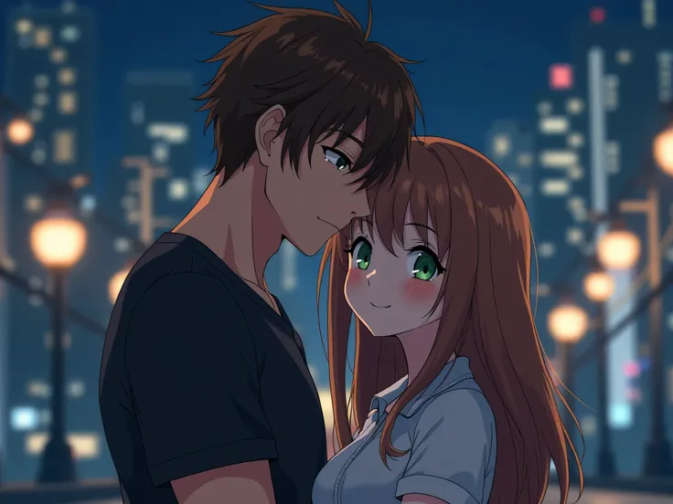 Wallpaper for PC,  anime stylization , metropolis night background, in the foreground A green-eyed brown-haired girl with big breasts cuddles a brown-eyed brown-haired guy, they're both looking ahead and smiling, this is a couple in love