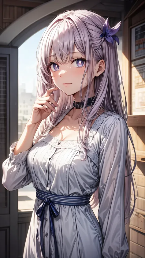 [[[ ultra-detailed, best quality, soft skin, beautiful face, masterpiece, close-up, modern setting, anime]]] medium length hair, light violet hair, lily hairpin, indigo eyes, white pupils, casual dress, gentle, fit body, smug, sharp