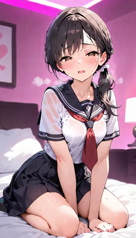  （Best Quality), a girl, (lovely), ((masterpiece)), (ultra-detailed), ((kawaii)), high school students, a girl , solo, (lovely), (sexy), (beautiful detailed black sailor school uniform), black Hair, comb over hair, low ponytail hairstyle, {Narrowed eyes, c...