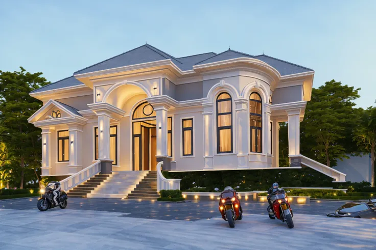 PLATFORM KTHOUSE, 1 morden WHITE house,1large yard, 1 road runs in front of the house, (RAW photo, real, best quality, masterpiece:1.2), look morden minimalist, 1 road in front of the house, dynamic lighting:1.3, (hyper realistic, photo-realistic:1.2), hig...