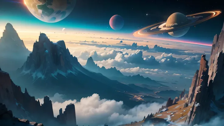 Landscape. Cyberpunk. High Tech. Space. Nature. Planets. Peaceful. No imperfections. Blue. Clouds.