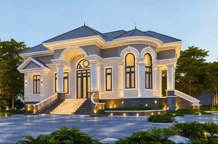 A Neoclassical style house with a 1 large yard, (RAW photo, real, best quality, masterpiece:1.2), dynamic lighting:1.3, (hyper realistic, photo-realistic:1.2), high quality, (dark lighting:1.2), perfect lighting, archdaily, no human, light at 12 noon, war...
