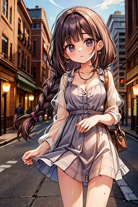 masterpiece, best quality, ultra high res,photon mapping,best shadow,portrait,beauty detail,ultra high detail,long purple hair,single braid,blunt bangs,medium breasts,city,downtown,see through, short dress, low cut:2, hair ornament, earrings, necklace, por...