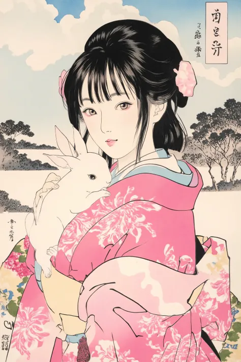 portrait,1 girl,beautiful face,tareme,oiran,geisha,pink kimono,hime cut,straight long hair,plump lips,((smile,holding small white rabbit:1.5)),slender face,feminine,straight hair,erotic,Nihonga,Japanese painting style,(colorfull,vivid color:1.5),sharp line...