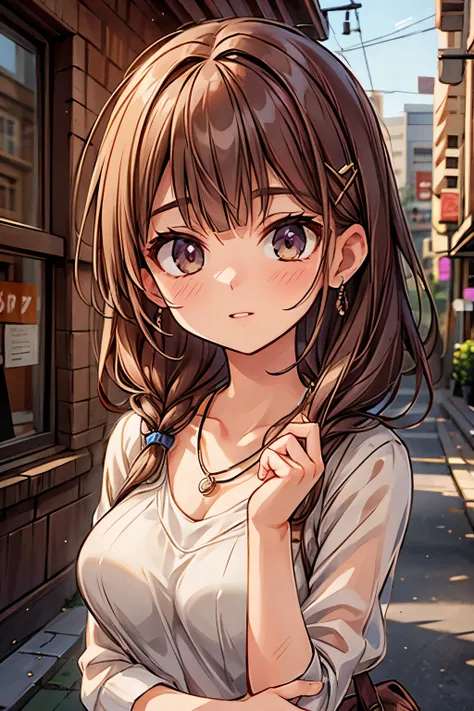masterpiece, best quality, ultra high res,photon mapping,best shadow,portrait,beauty detail,ultra high detail,long purple hair,single braid,blunt bangs,medium breasts,city,downtown,see through, short dress, low cut:2, hair ornament, earrings, necklace, por...