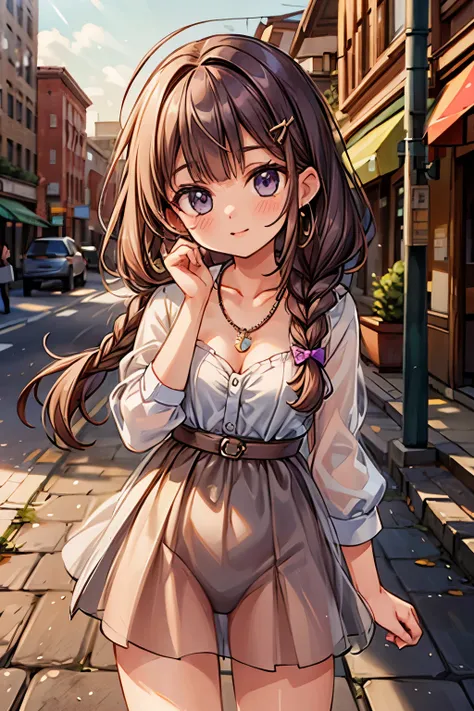 masterpiece, best quality, ultra high res,photon mapping,best shadow,portrait,beauty detail,ultra high detail,long purple hair,single braid,blunt bangs,medium breasts,city,downtown,see through, short dress, low cut:2, hair ornament, earrings, necklace, por...