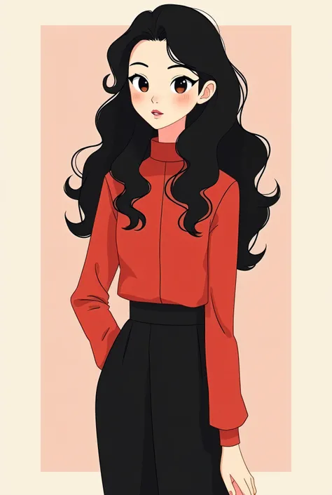 "I would like a picture art a full-body, simple illustration of an Asian female character drawn in Illustrator, with long, light curly black hair, a kind yet strong personality, and simple, polite outfit a minimalistic design in black and red colors, using...