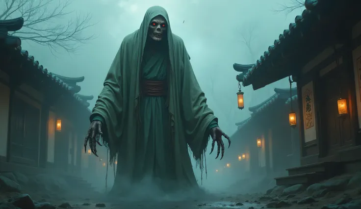 
"A terrifying, cursed undead figure from South Korean folklore, draped in tattered, ancient hanbok robes stained with age and decay. Its hollow, sunken eyes glow with an eerie, soul-consuming darkness, pulling victims into an abyss of despair. The creatur...