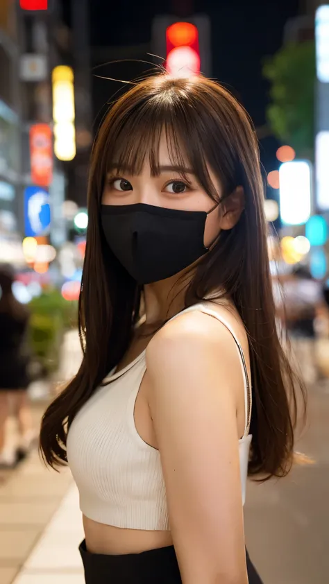 1 girl,  young woman,  photos,  by Nomi, top quality, employment,  detailed face,  long hair, Undo your hair,  detailed background,  depth of coverage,  TOKYO CITY ,  asian woman,  wearing a mask ,  brown hair, brown eyes on the frame, midriff, bangs, nigh...
