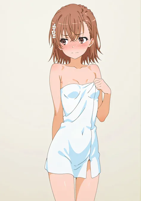 smooth anime cg art、1 girl、(((embarrassed)))、(((small breasts:1.2)))、(((simple background)))、(((standing)))、(((from front)))、(((misaka mikoto)))、naked towel