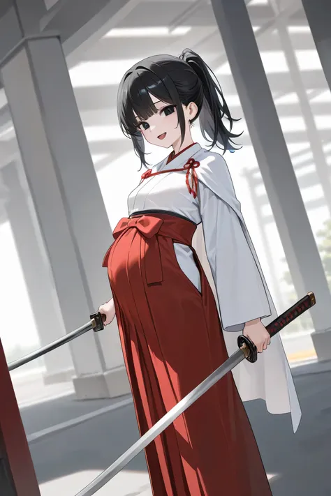 (Best quality, 4k, 8k, high resolution, masterpiece:1.2), ultra detailed, intricate details, SOLO, beautiful girl, alone, long black hair, ponytail hair, bangs, black eyes, small breasts, perfect smooth skin, looking at viewer, head tilted, white kimono, (...