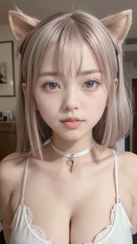 adult, woman,  matured,  she's so shy and blushing ,  cute big eyes , pink hair,  Short Bob, Cat ears,  The ,  Apart from shaggy hair , big silvery eyes,   voluminous bangs  , split bangs,  long hair with bangs, Hair on the eyes , Perfect Blue Eyes,   PERF...