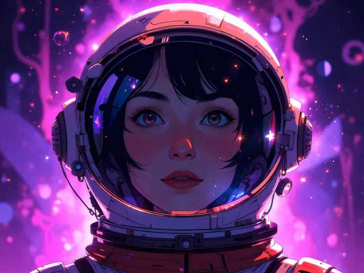 Create an illustration of an astronaut face in a helmet against a vibrant purple background. The helmet should be detailed with a reflective visor and various design elements, including a circular component on the side and a small red button. The helmet sh...