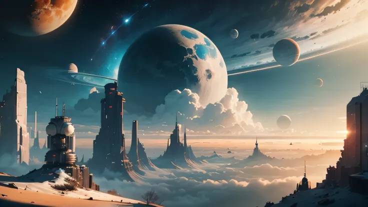 Landscape. Cyberpunk. High Tech. Space. Nature. Planets. Peaceful. No imperfections. Blue. Clouds.