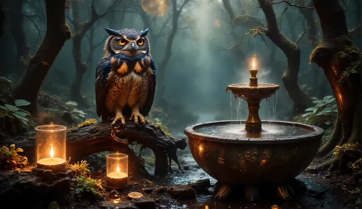 A fantasy-themed anthropomorphic owl, draped in regal, ancient robes, perches beside an ancient water fountain on a thick tree branch, its wise eyes reflecting the glow of magical runes and embedded gemstones. The fountain’s water flows smoothly, shimmerin...