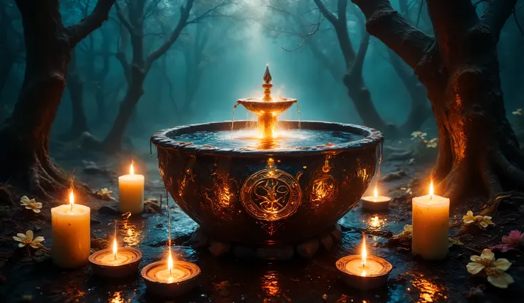 A hyperrealistic, cinematic photograph capturing an ancient water fountain covered in luminous magical runes and precious stones, gracefully positioned on a candlelit tree branch. The soft amber glow from the surrounding candles creates striking contrasts ...