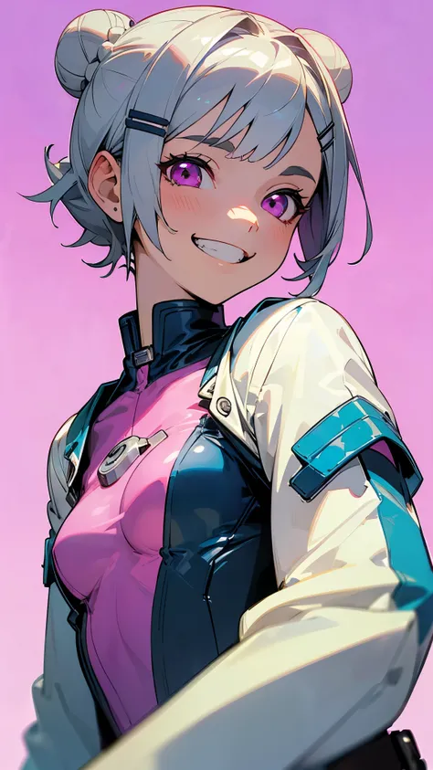 (top quality、Superb、Genuine)、1 person、 Riders Jacket 、 small breasts、Hair tied into a bun with a silver short bob hair clip、 pink eyes、 gloves、Grin、blue sky、upper body close-up、 sharp outline