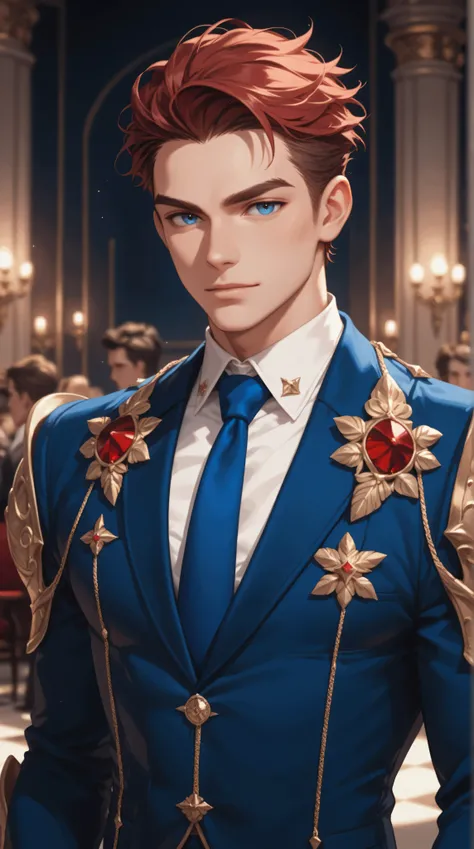 Alone,  white man, dark red hair, dark red eyebrows ,  blue eyes,  brushed backwards, dark blue elegant suit, elegant shoulder pads,  blue tie, animated, Cartoon.