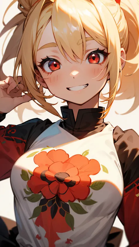  one girl、Blonde Hair、ponytail、stupid hair、Round red eyes、 droopy eyes 、Grin、 small tits、upper body close-up、colorful embroidered dress