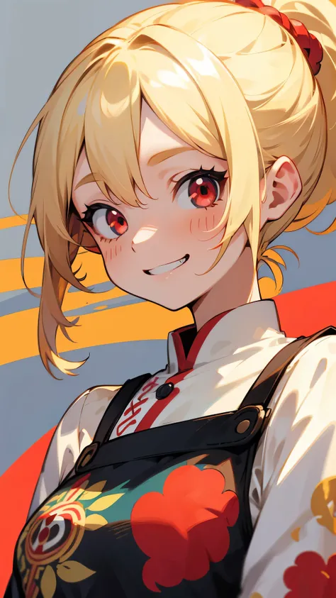  one girl、Blonde Hair、ponytail、stupid hair、Round red eyes、 droopy eyes 、Grin、 small tits、upper body close-up、colorful embroidered dress